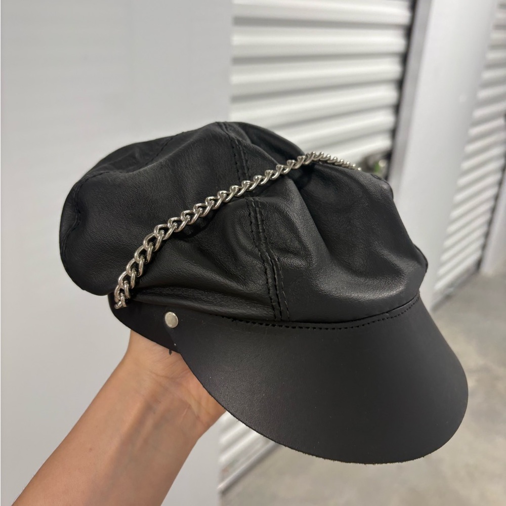 Vintage made in USA leather newsboy cap with silver chain strap